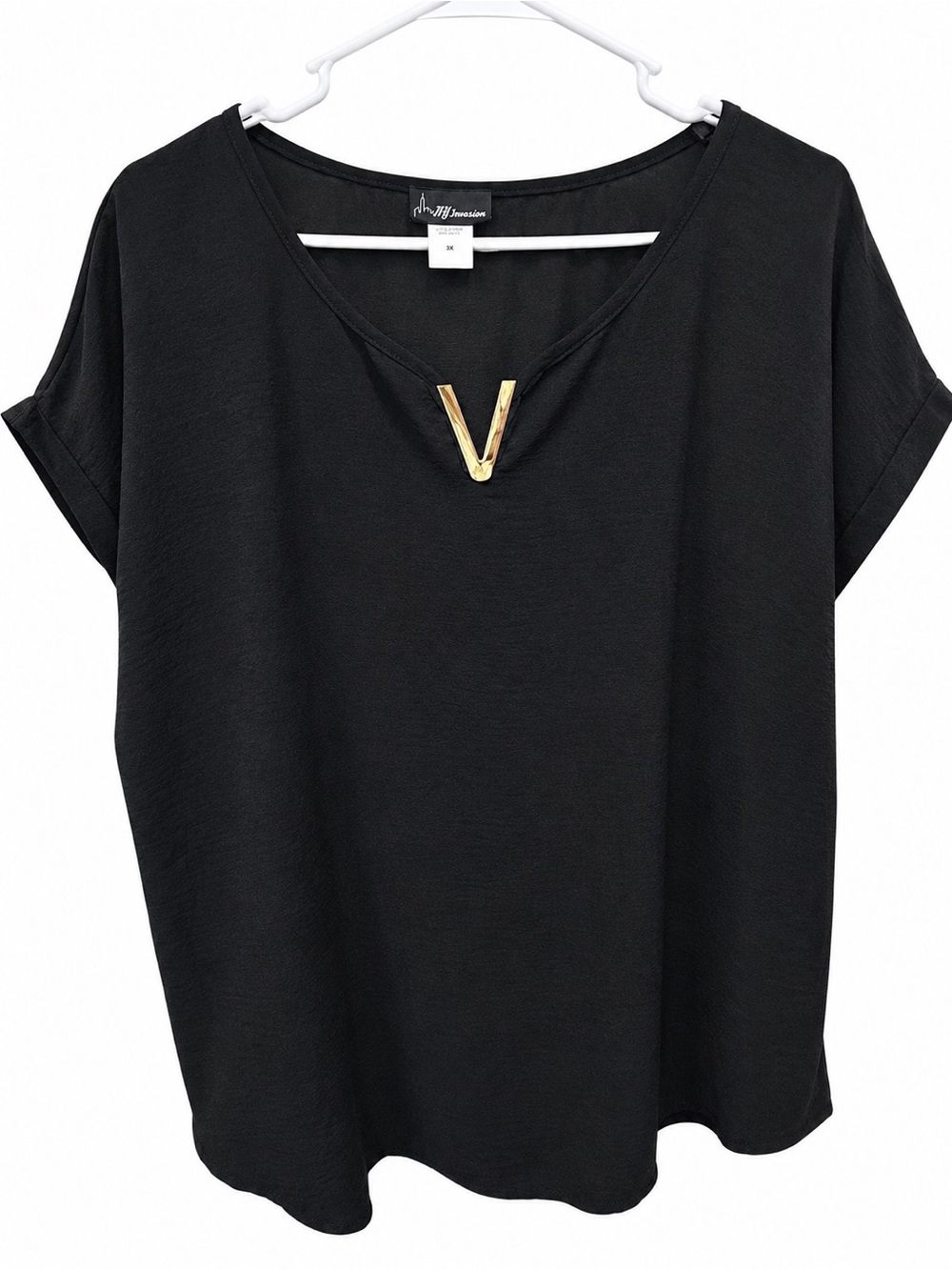 NY Invasion Black Textured V-Neck Gold Bar Blouse Top Plus Size 3X
